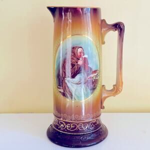 Antique Homer Laughlin 12" Art Tankard Pitcher, Monk Beer, Pottery, Painted, Art